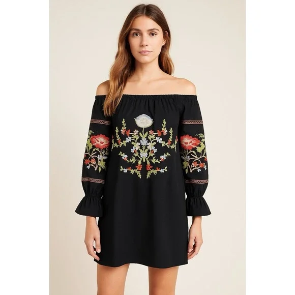 Free People Fleur du Jour Women's S Black Dress Mini Floral Embroidered Boho - Picture 1 of 11